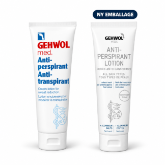 Gehwol med Anti-perspirant 125 ml – gammel emballage til venstre og ny engelsk emballage til højre