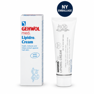 Gehwol Med Lipidro Creme – gammel emballage til venstre og ny engelsk emballage til højre