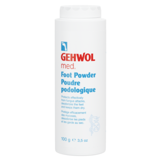 Gehwol Med Fodpudder 100 g – originalfoto med engelsk emballagetekst